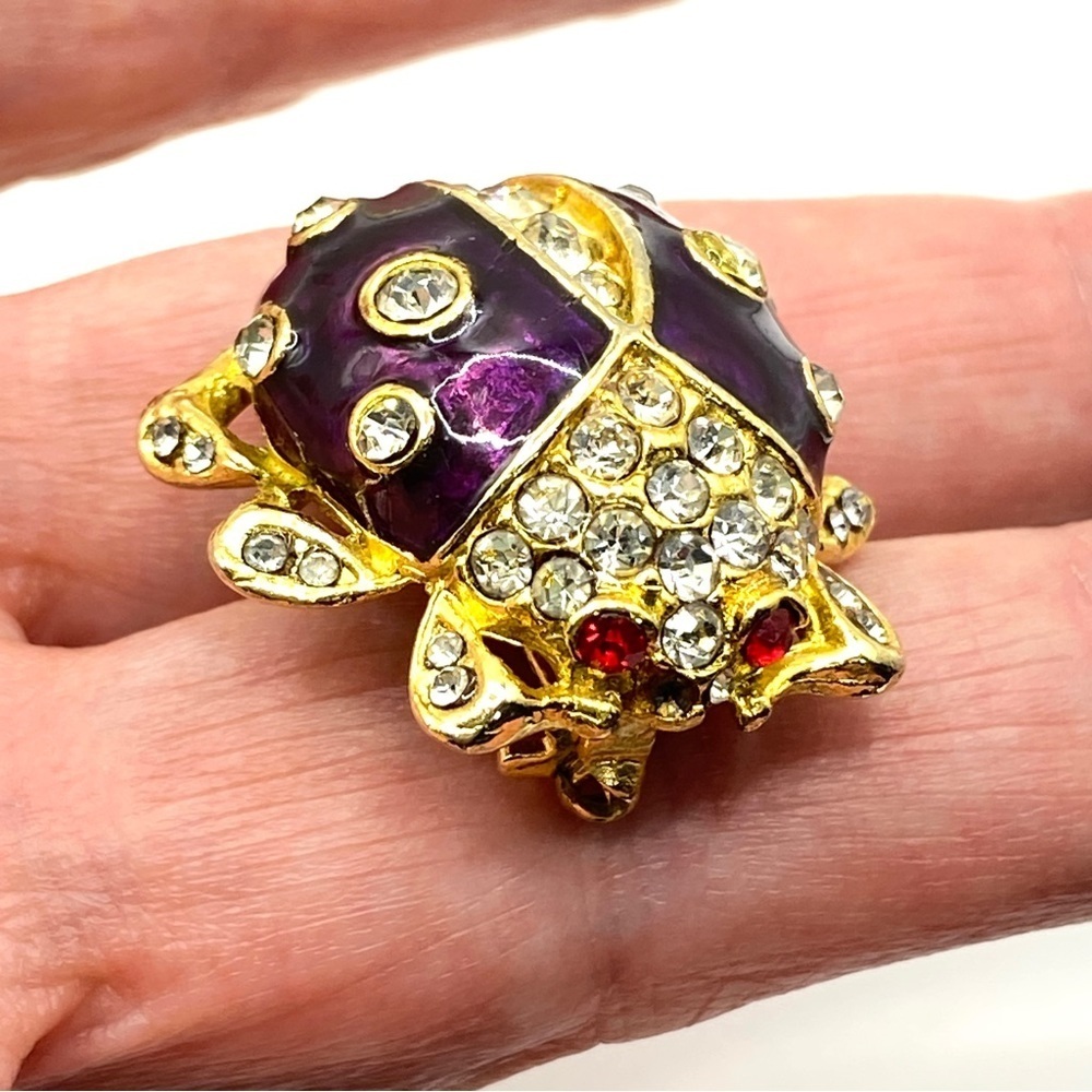 Ladybug Rhinestone Purple With Red Eyes Lady Bug Naturecore Vintage Brooch